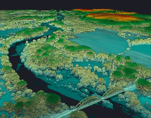 Nube de puntos LiDAR de un río con puente